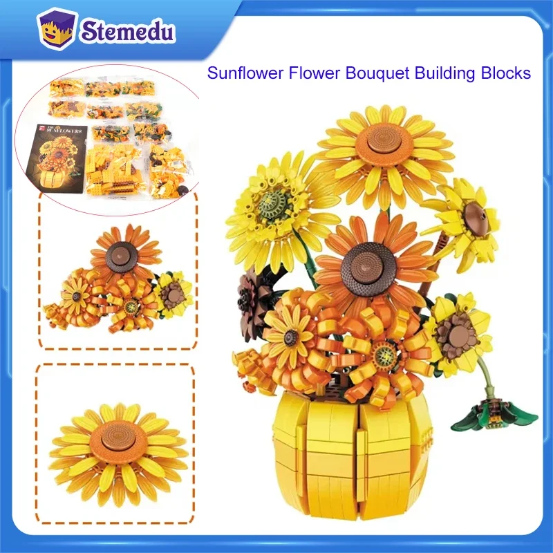 

1009PCS Sunflower Flower Bouquet Building Blocks Set With Vase Model Bricks Home Decoration Kids Educational DIY Christmas Gift