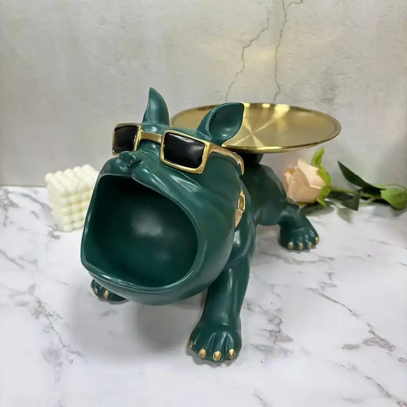 

Bulldog Figurine Green Dog With Plate Modern Home Decoration Cool Animal Statue Fruit Candy Jewelry Holder