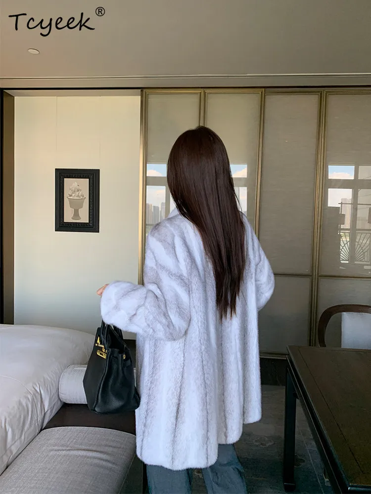 Tcyeek Natural Cross Mink Fur Coat Woman Clothes Fashion Winter Jacket Women Real Fur New in Coats Mid-length Пальто Женское