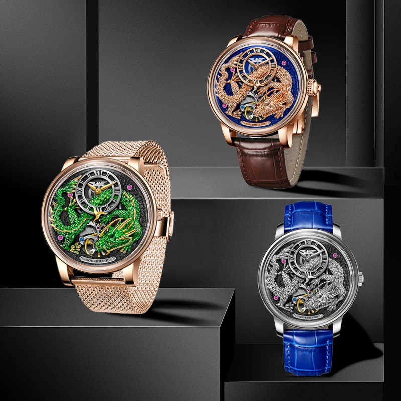 PINDU تصاميم الأصلي الجديد للرجال الميكانيكية Watchew التنين سلسلة M2797B الحركة التلقائية جلدية الياقوت الرجال ساعات المعصم