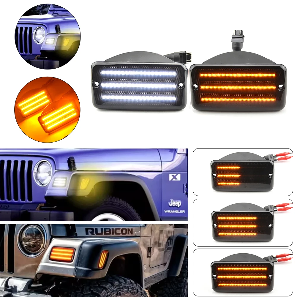 

Dynamic Amber LED Front Bumper Side Marker Lights White Parking Light Turn Signal Blinker Lamp For Jeep Wrangler TJ 1997-2006