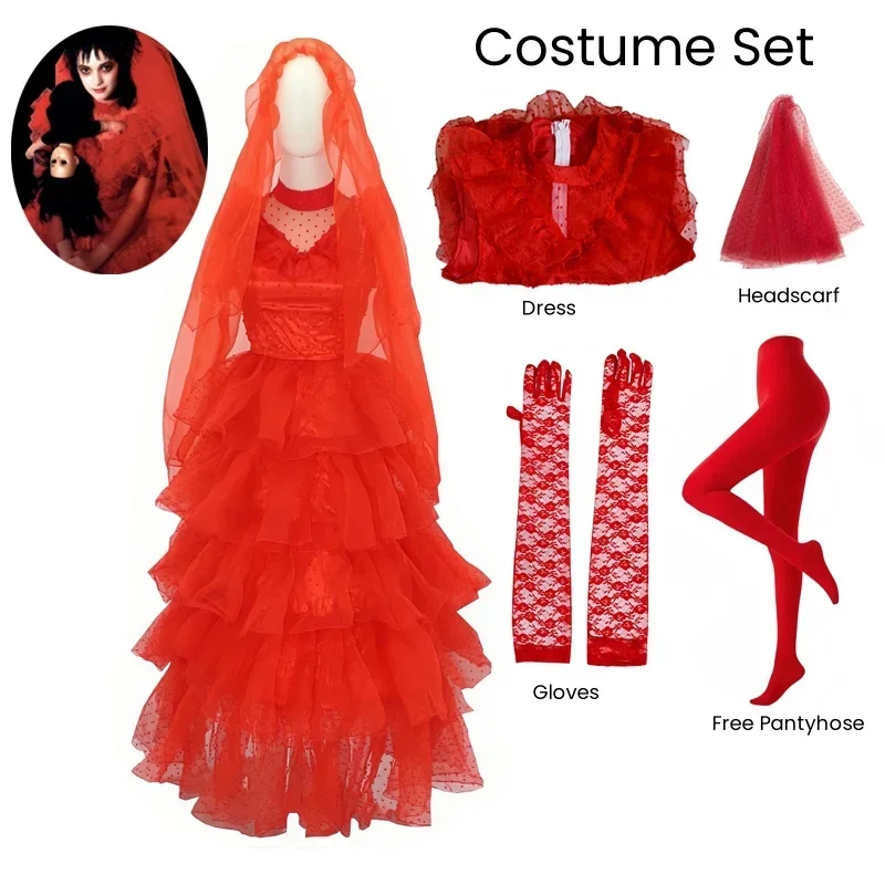 Costume de Cosplay de Dessin Animé Beetle Juicee, Robe de Mariée Rouge Lydia, à Rayures Noires et Blanches Imbibées, Film d'Horreur, Halloween, Fantôme Effrayant