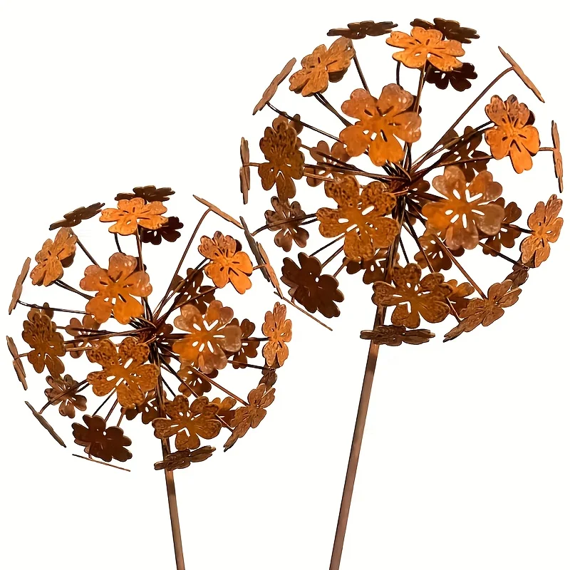 1set Vintage Dandelion Garden Sculptures, 3D Sphere Flower Stakes for Gardening,Rustic Metal Plant Art with Manual Petal Opening