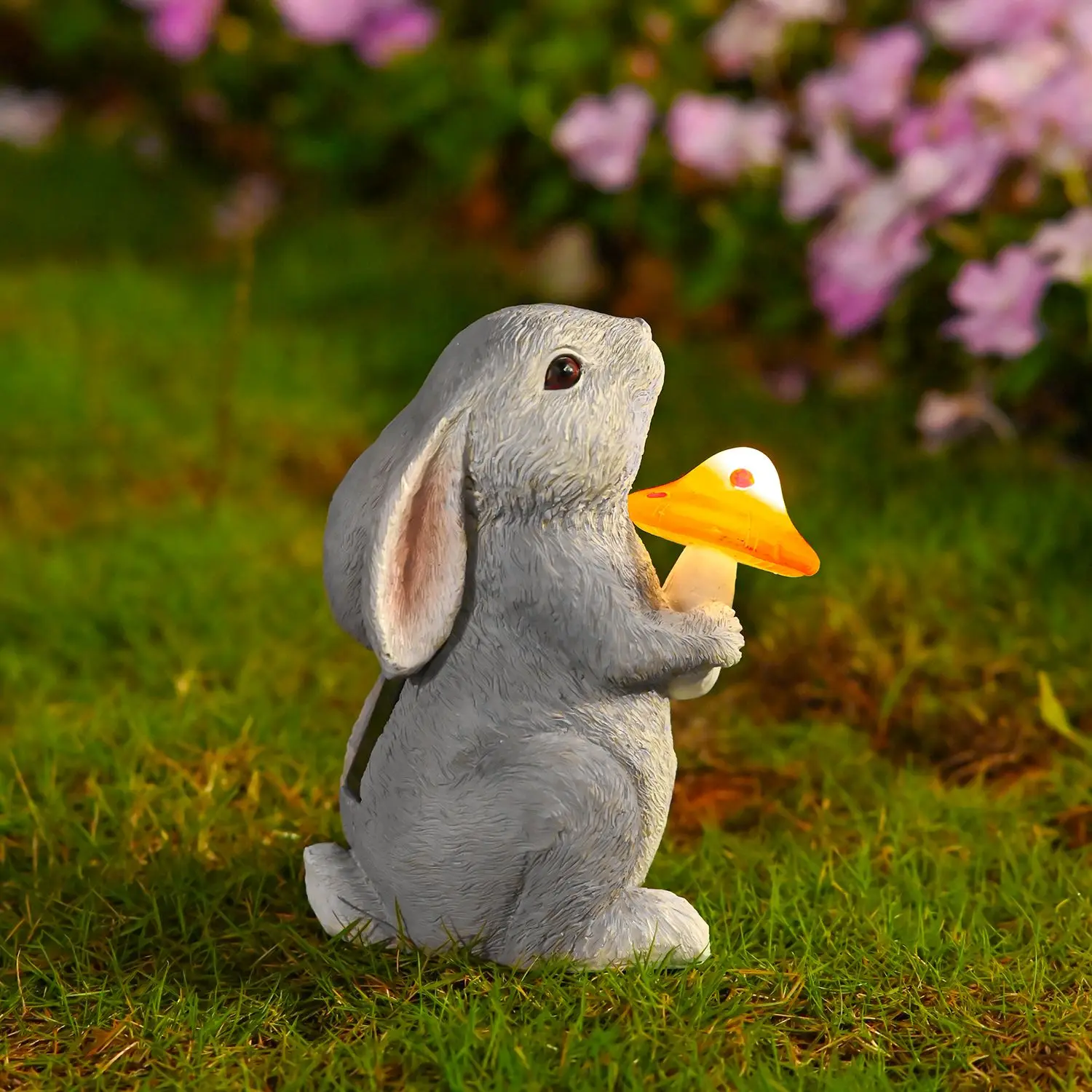 Grey Resin Bunny Holding Solar Powered Light Up Mushroom Garden Statue Outdoor Decor 22cm Tall All Weather Resistant