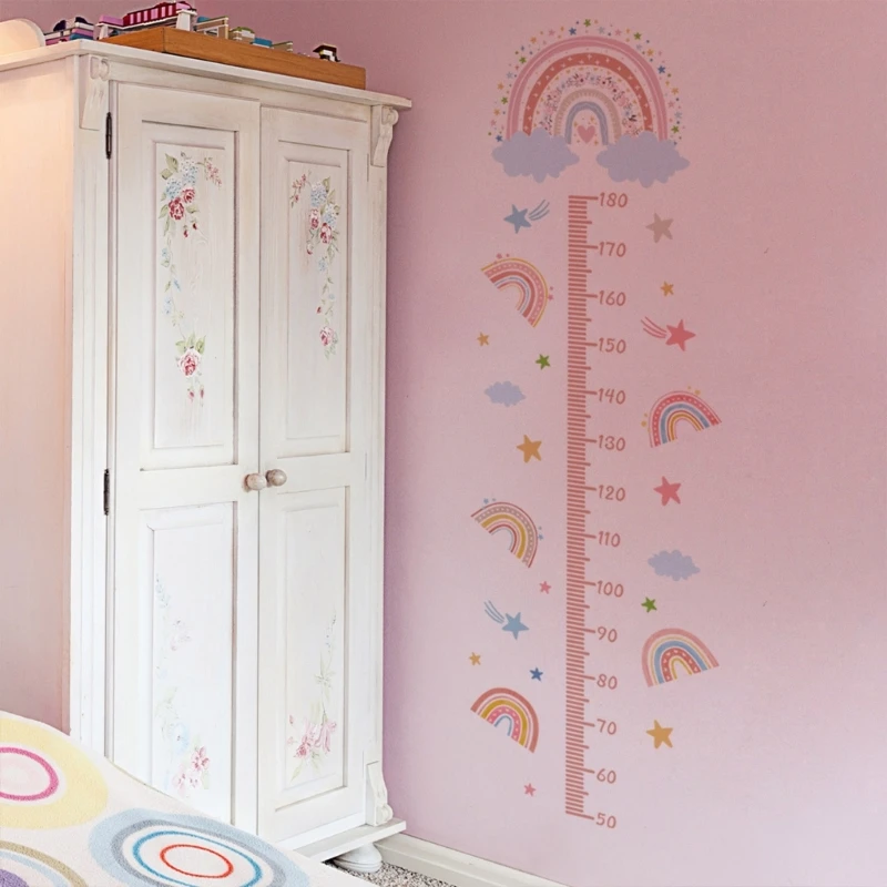 Children Height Measurement Wall Sticker with Rainbow Pattern Removable Growth Chart Wall Decal Set Kids Room Decors