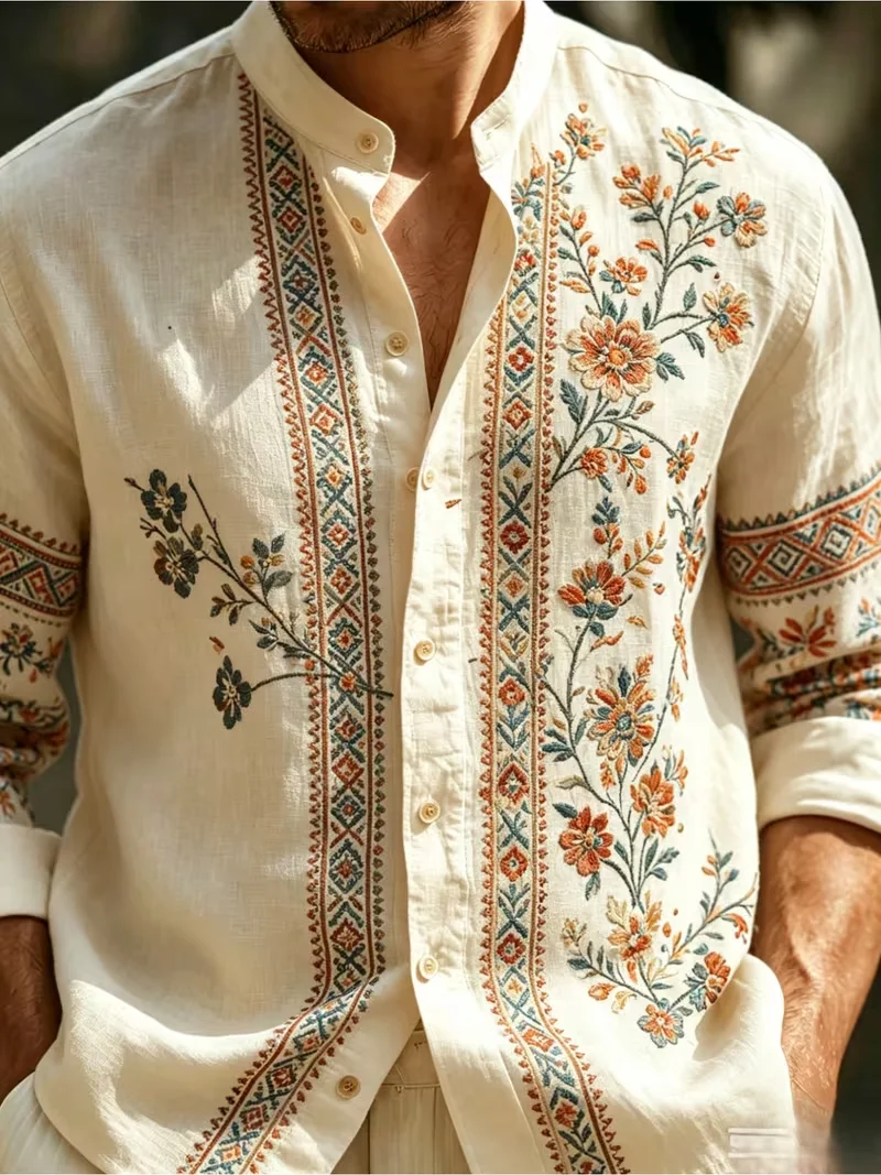 New men's coffee colored vine flower 3D printed pattern long sleeved shirt texture lapel outdoor travel top clothing