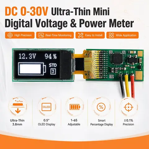Mini Thin DC0-30V Voltage Battery Level Meter 0.5" OLED 1S-6S Lithium Cell Percentage Power Indicator Digital Voltage Monitoring