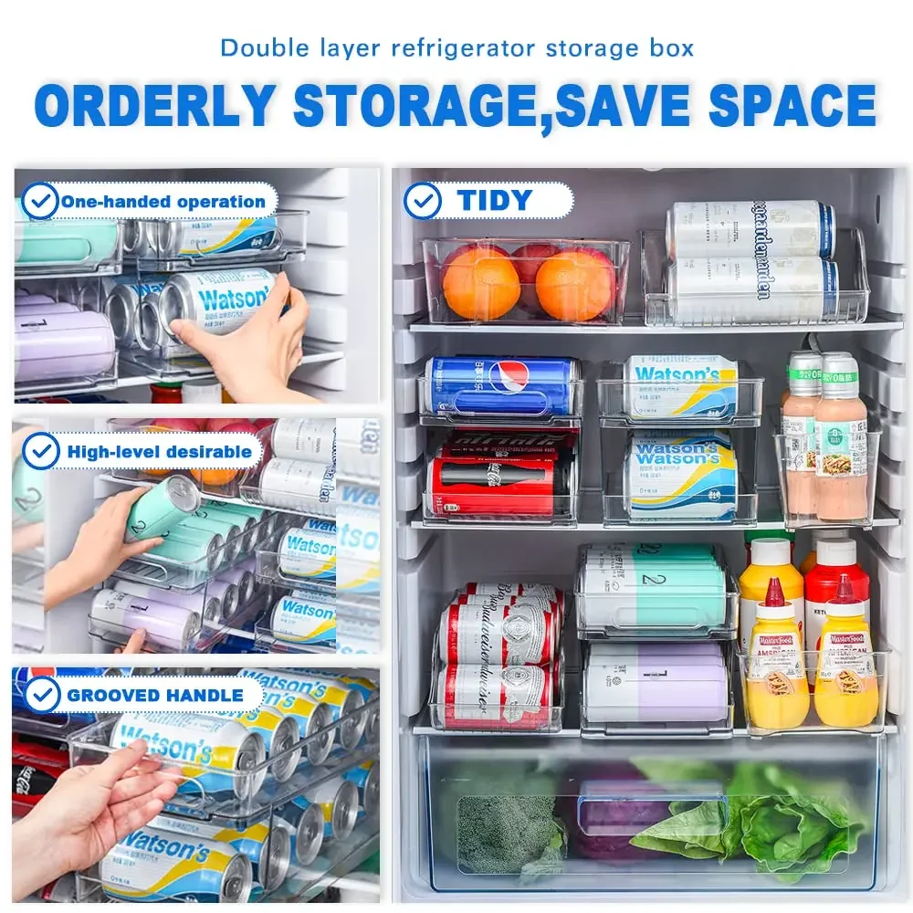 Refrigerator Organizer Bins Can Dispenser Storage Organizer Bins 2-layer Automatic Rolling Beverage Soda Storage box for Fridge