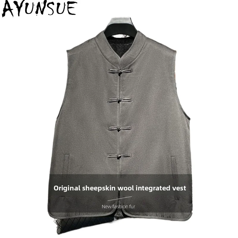 AYUNSUE Natural Sheep Shearling Fur Coat Man Jackets Sheepskin Vest Warm Outerwear Sleeveless Waistcoat Fur Vests Winter 2026