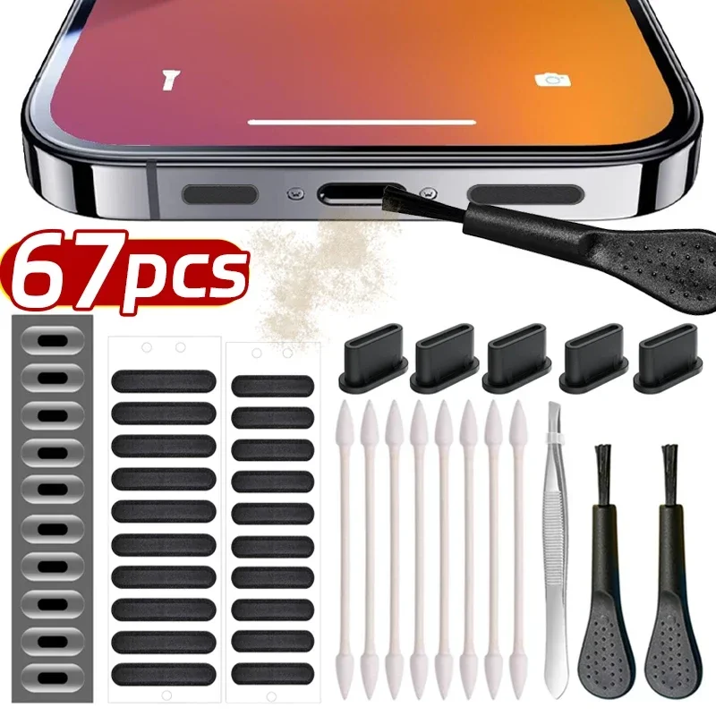 For Apple/Type C/Micro USB Universal Cellphone Dust Proof Cleaning Brush Dust Plugs with Tweezers Phone Speaker Proctors Set