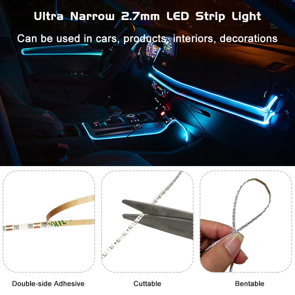 2.7mm WS2812B LED Strip Ultra Narrow 160Leds/M Individually Addressable RGBIC Dreamcolor Light Strip DC5V DC12V 1m 5m