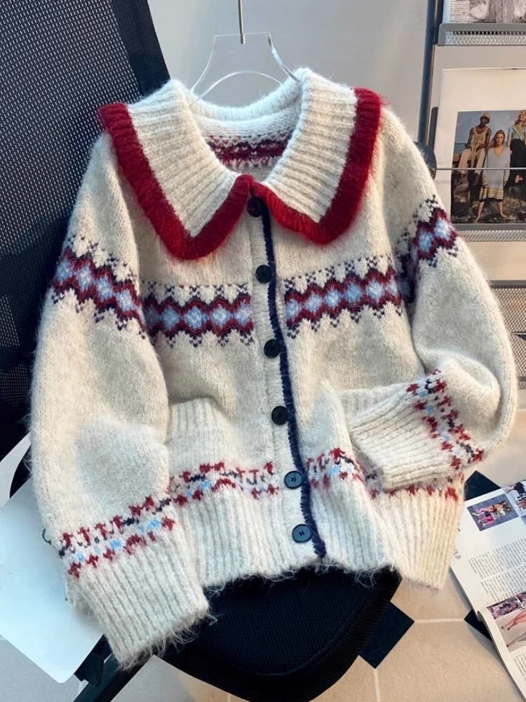 

2025 New Lazy Style Cardigan Single Breasted Pockets Contrasr Color Sweaters Fashion Vintage Knit Tops All Match Women Clothing