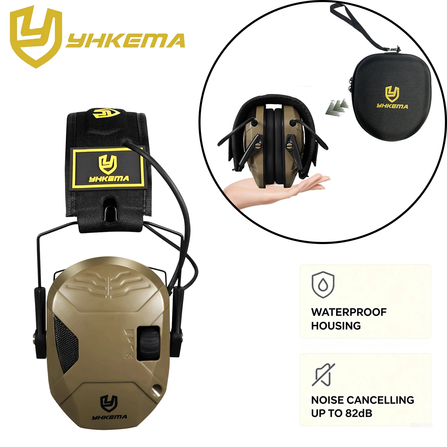 yhkema-シューティングエアソフト電子ノイズキャンセリング戦術ヘッドセット折りたたみ式イヤーマフ、ポータブル収納ケースバッグ付き