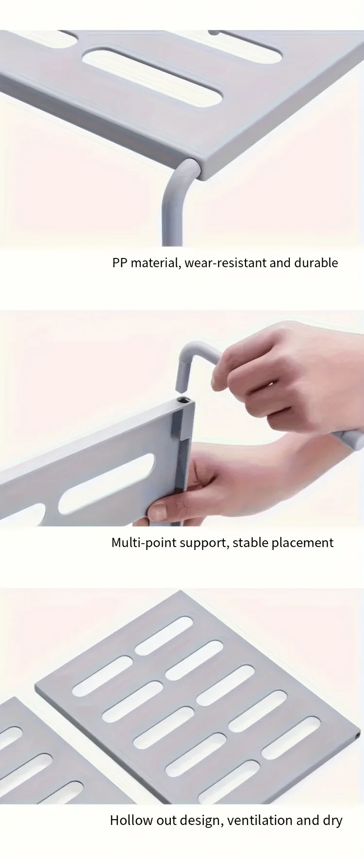 Verstellbares Schuhregal aus Kunststoff, mehrstufiger Aufbewahrungsorganisator, platzsparend, für Turnschuhe, Hausschuhe, Zuhause, Wohnheim, Schrank, Weiß, Grau, modern – Detail 8