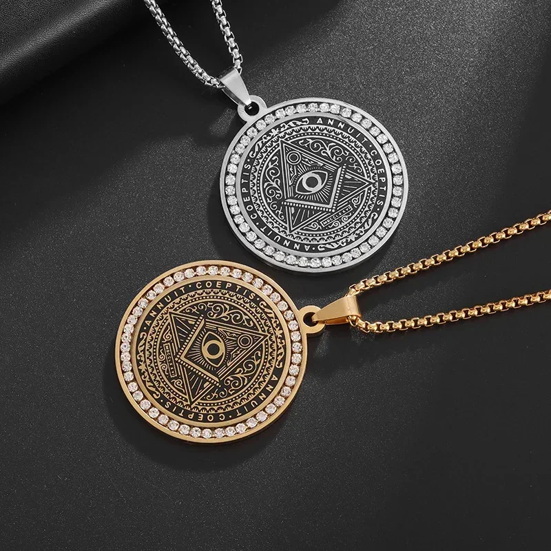 Vintage Stainless Steel Inlaid Zirconia Masonic All Seeing Eye Medal Pendant Necklace for Men Women Hip Hop Lucky Jewelry