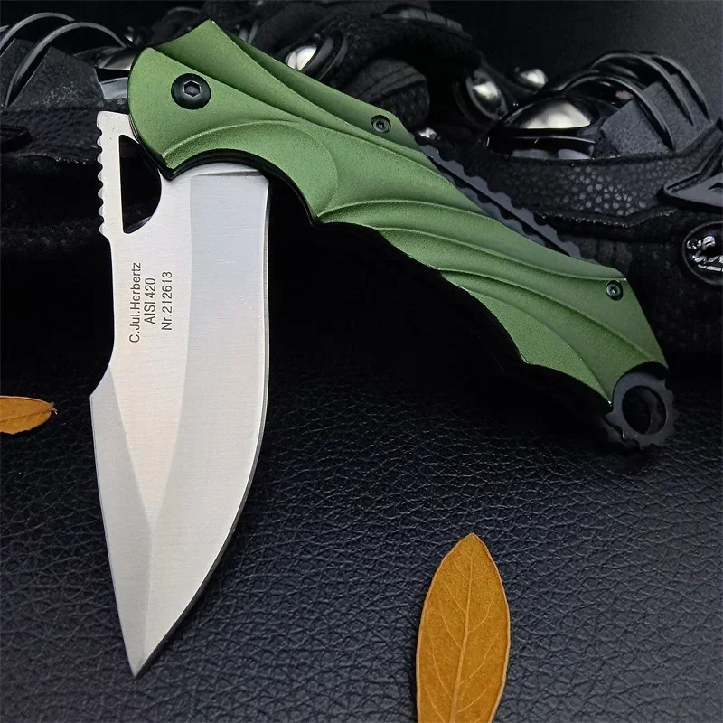 Outdoor Folding Pocket Knife Outdoor Wilderness Tactics Knife Green Aluminum Handle Hunting Defense EDC Knife Christmas Gifts