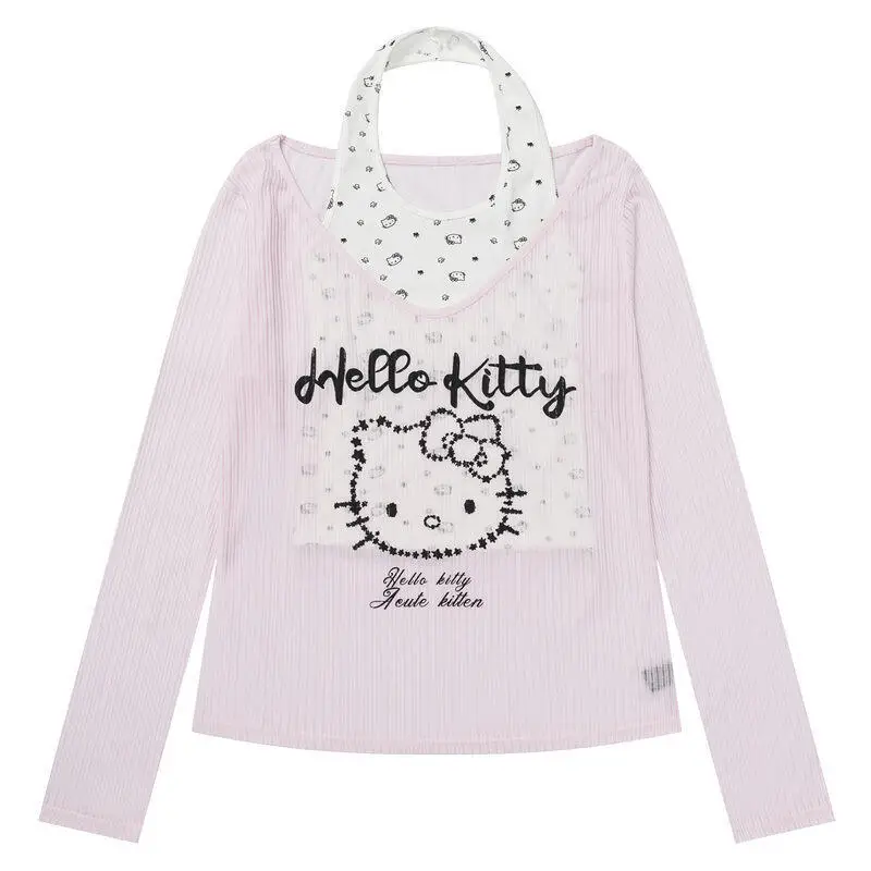 Tank Tops Halter Neck Long Sleeve T-Shirt Hello Kitty Women's Spring Summer Sanrio New Hot Girl Blouse Two-Piece Top Sweet Style