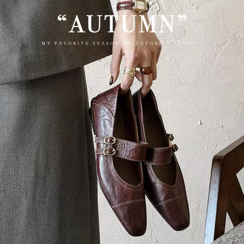2026 new spring autumn women pumps natural leather 22-25 cm sheepskin+pigskin round toe buckle mary janes women shoes fashion