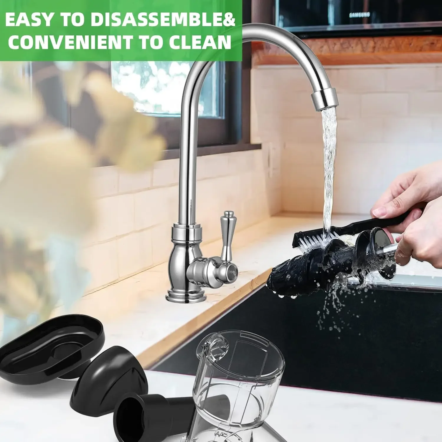 冷圧野菜と果物のジューサー、栄養豊富なセロリ、遅い咀嚼機、緑の葉