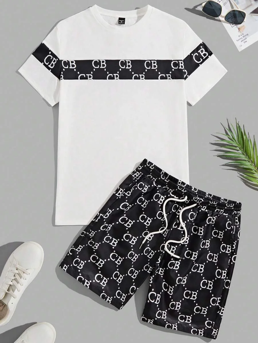 Men's set summer fashion 3D striped printed T-shirt Hawaii vacation short sleeved top men's loose drawstring pocket shorts