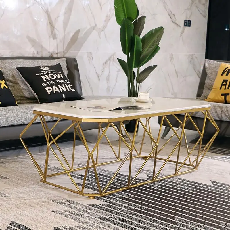 &c Nordic Ironwork Living Room Light Luxury Office Fashion Golden Marble Plexiglass Temper Glass Modern Coffee Table