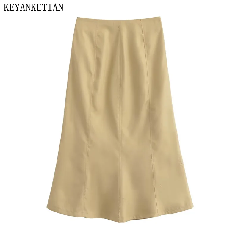 

KEYANKETIAN 2024 New Launch Women's Khaki Fishtail Skirt Back Zipper High waist Seam Detail Elegant Stylish A-line MIDI Skirt