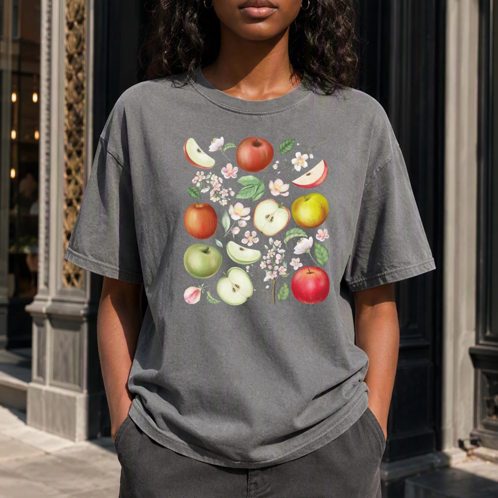 Detailed Apple Orchard Illustrations Girl Farmer’s Market Graphic Top Vintage Fruit Art Shirt Weekend Brunch Wear