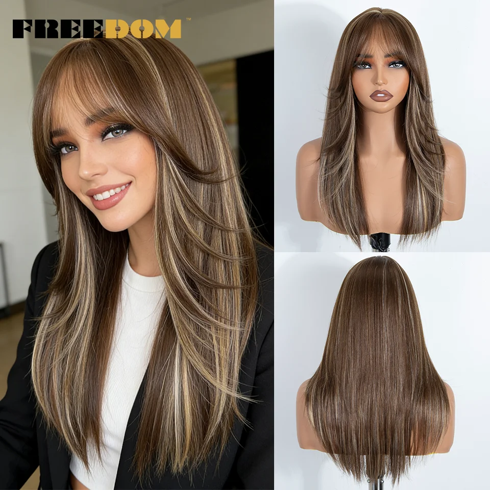 FREEDOM Straight Layered Synthetic Lace Front Wig With Bangs 20 Inch Ombre Brown Blonde Pre-cut Lace Wigs Pink Cosplay Wig