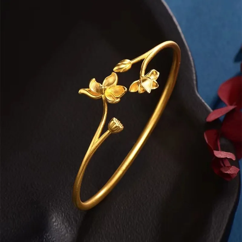 AU999  Gold bracelet Ode to the Golden Lotus Lotus Two Happinesses Open-ended Bracelet Jewelry Gifts for Girls and Girlfriends