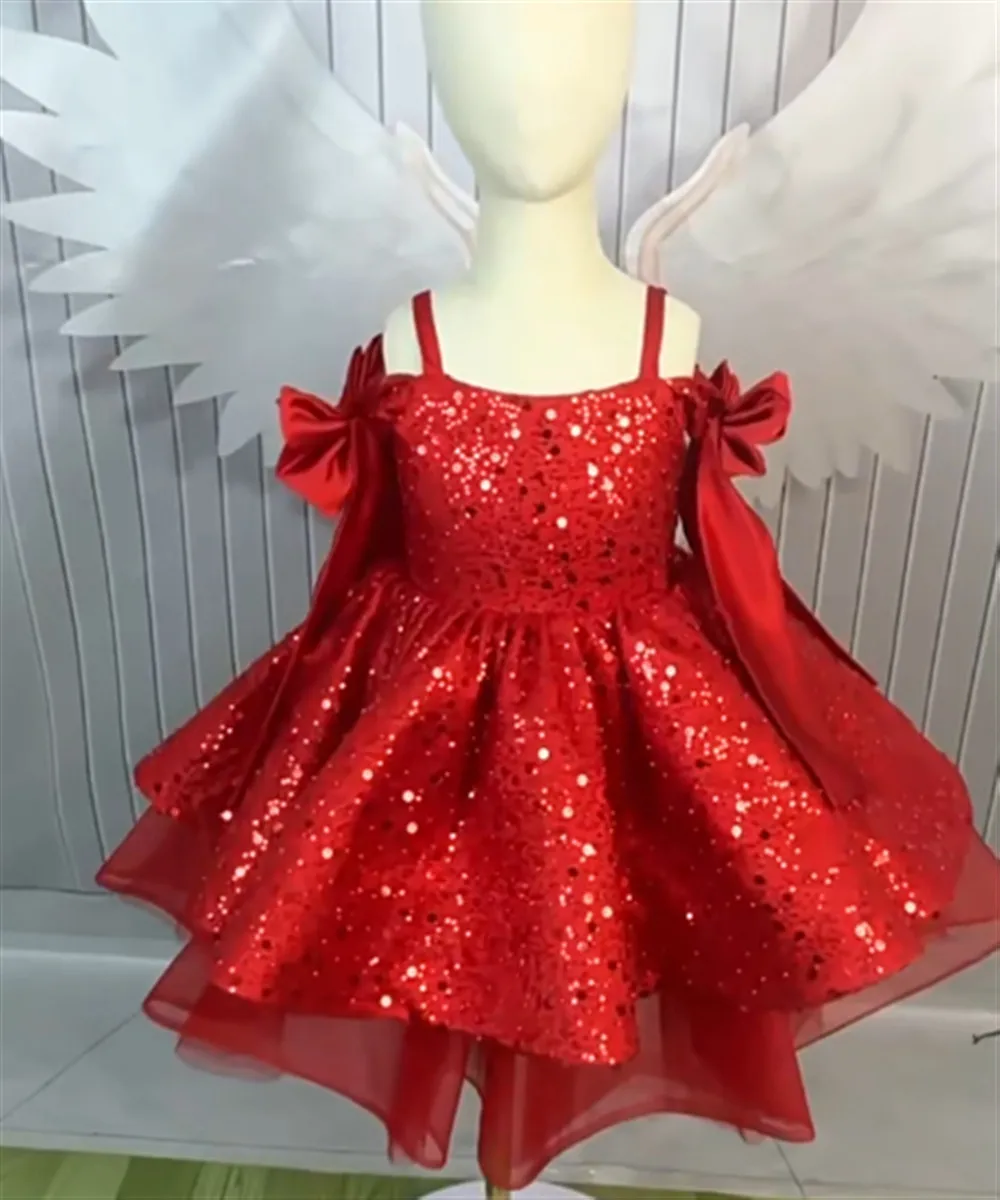Luxury Red Flower Girl Dress Off Shoulder Fluffy Sequined with Bow Tiered Ball Gown Girls Princess Birthday Party Prom Gowns