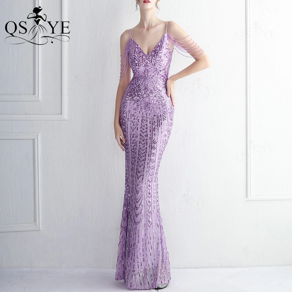 Fairy Purple Prom Dresses Sequin Lace Mermaid Evening Gown Beaded Spaghetti Straps V Neck Backless Pattern Formal Party DressNEW