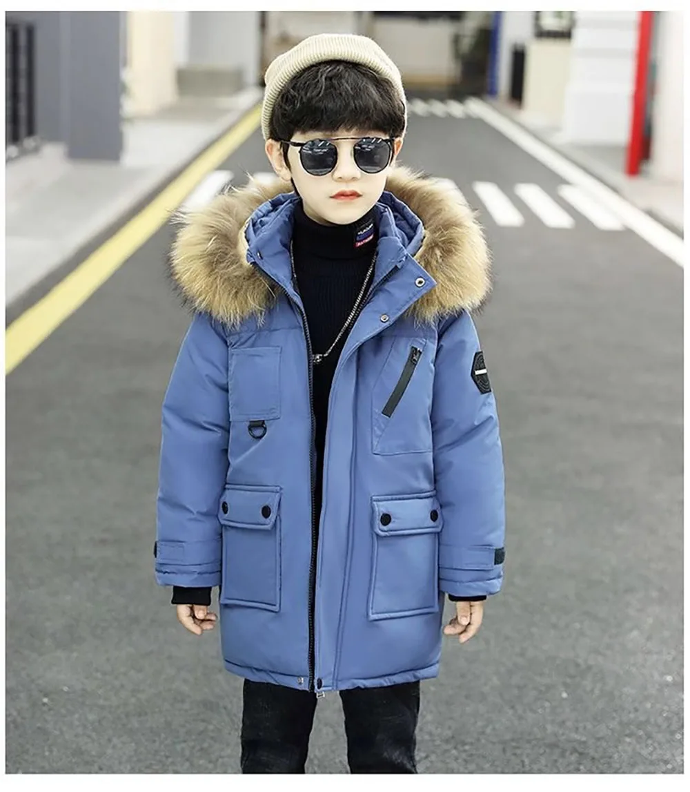 Winter Down Jacket For Children Thick Warm Faux Fur Hooded Coat Lengthen Windproof Winter Cotton Clothes Kid\'s Padded Jacket