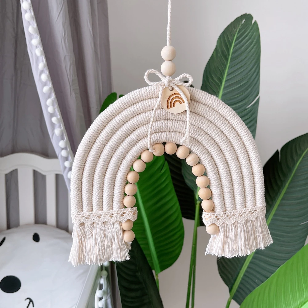 Macrame Rainbow Wall Hanging for Bedroom Nursery Rooms Playroom Tent Colorful Small Tapestry Rope Woven Tassel Wood Beads