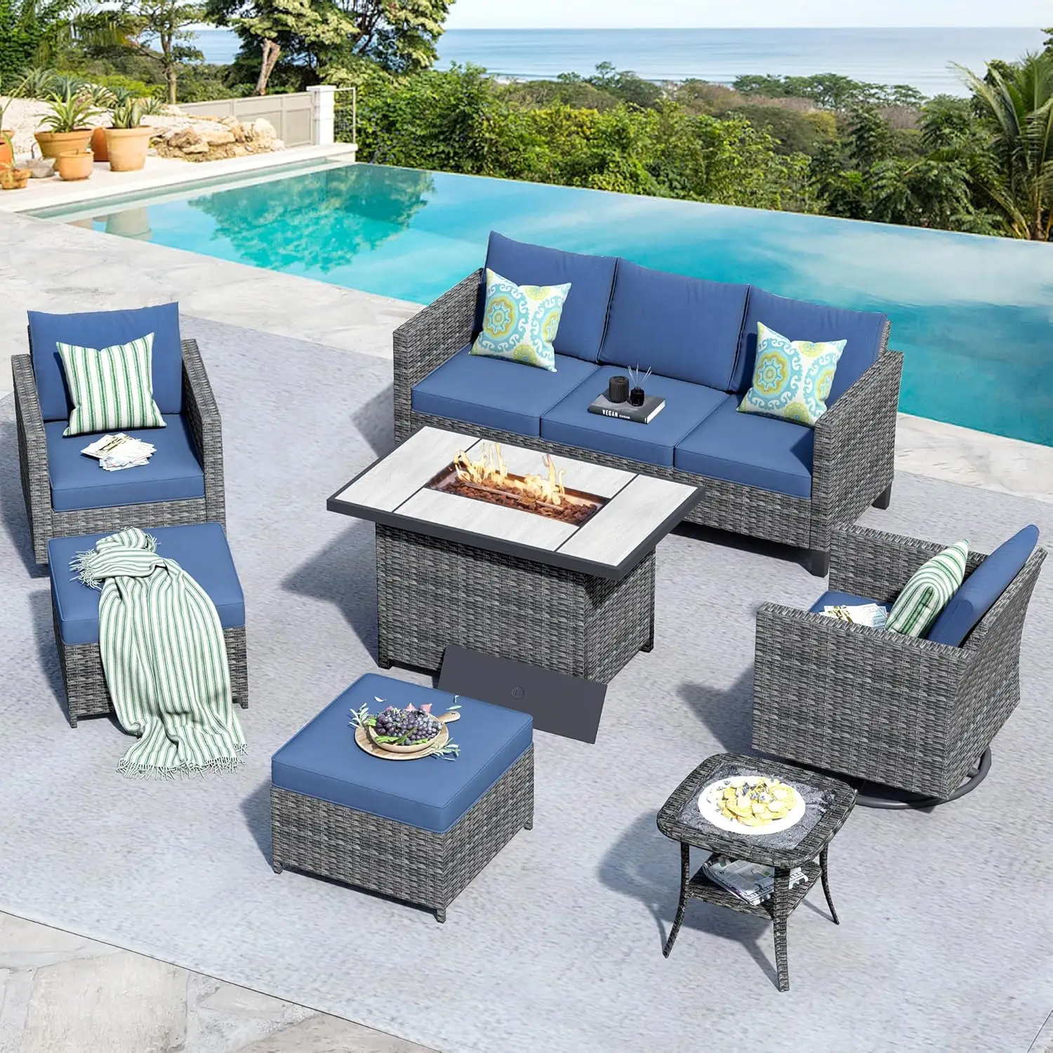 

Комплект для патио из 7 предметов: плетеный диван, вращающееся кресло, пуф, стол для костра, устойчивый к погодным условиям, на заказ