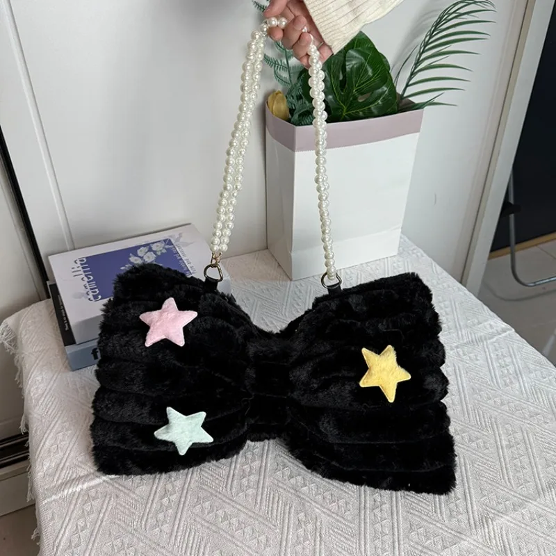 Flannel Bow Shape Beaded Shoulder Strap Leopard Shoulder Bags Funny Design Sense Christmas Gift Women's Handbags 2025 Winter New