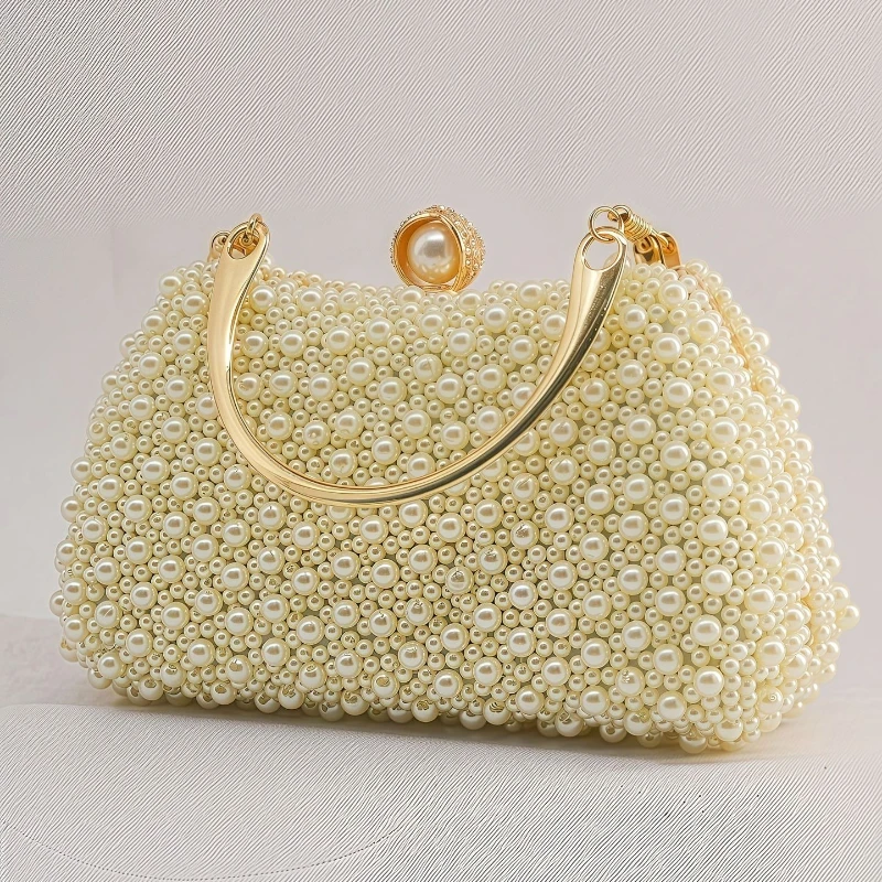 

Luxury Double Sided Pearl Evening Handbag 2025 New Bridal Wedding Clutch Beige Color Beading Clutch Bag Bolsos Para Mujer