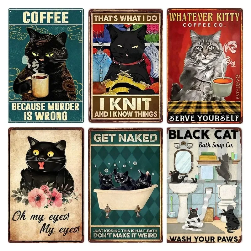 Vintage Funny Bathroom Decor Black Cat Metal Sign Bar Cafe Wall Art Decor Oh My Eyes Toilet Tin Sign Sewing Cat