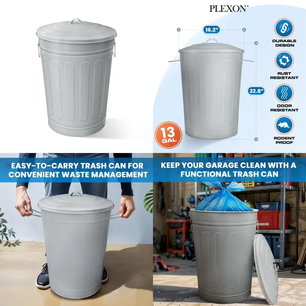 

Vintage 13-Gallon Metal Outdoor Trash Can with Lid, Retro Farmhouse Style Garbage Container, Old School Modern Design