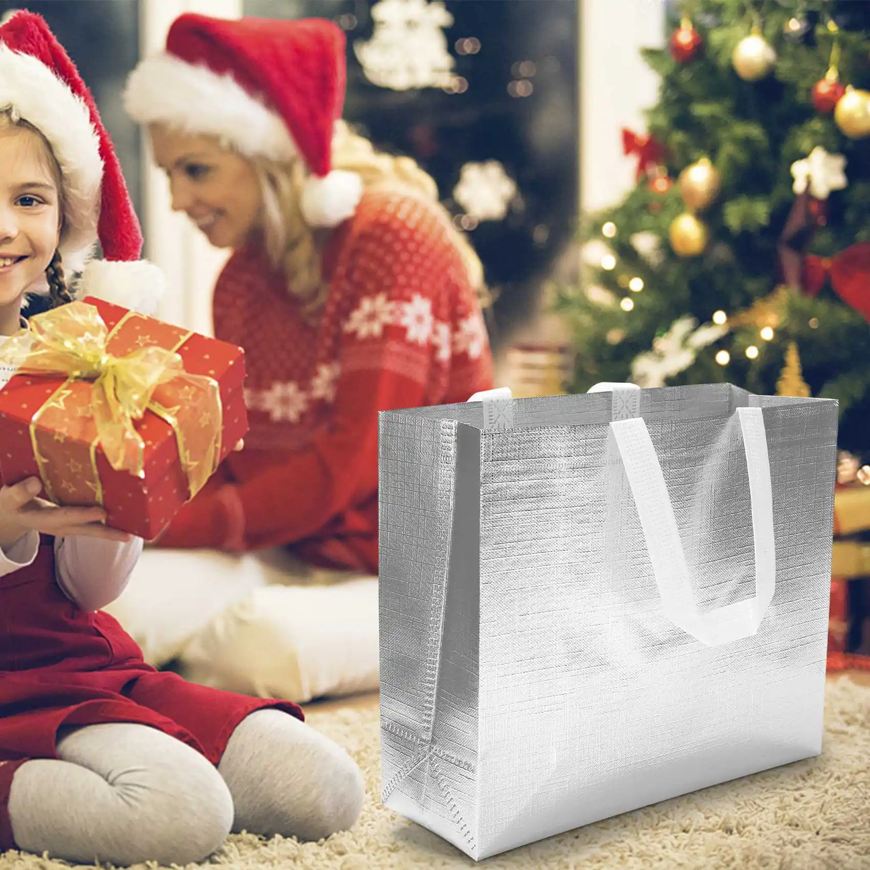 

【Price-Drop!】12 Pcs Glossy Reusable Grocery Bags Shopping Tote Bags With Handle,Bridesmaids Bags Non-Woven Gift Bags For Christm