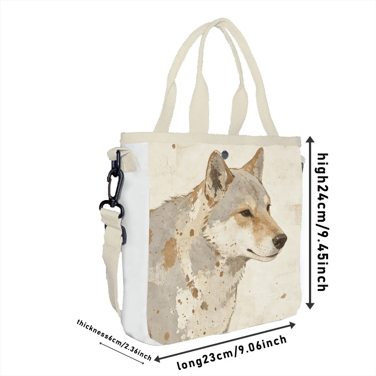 Aesthetic Neutral Wolf Portrait Shoulder Bag, Adjustable Strap Minimalist Wildlife Tote
