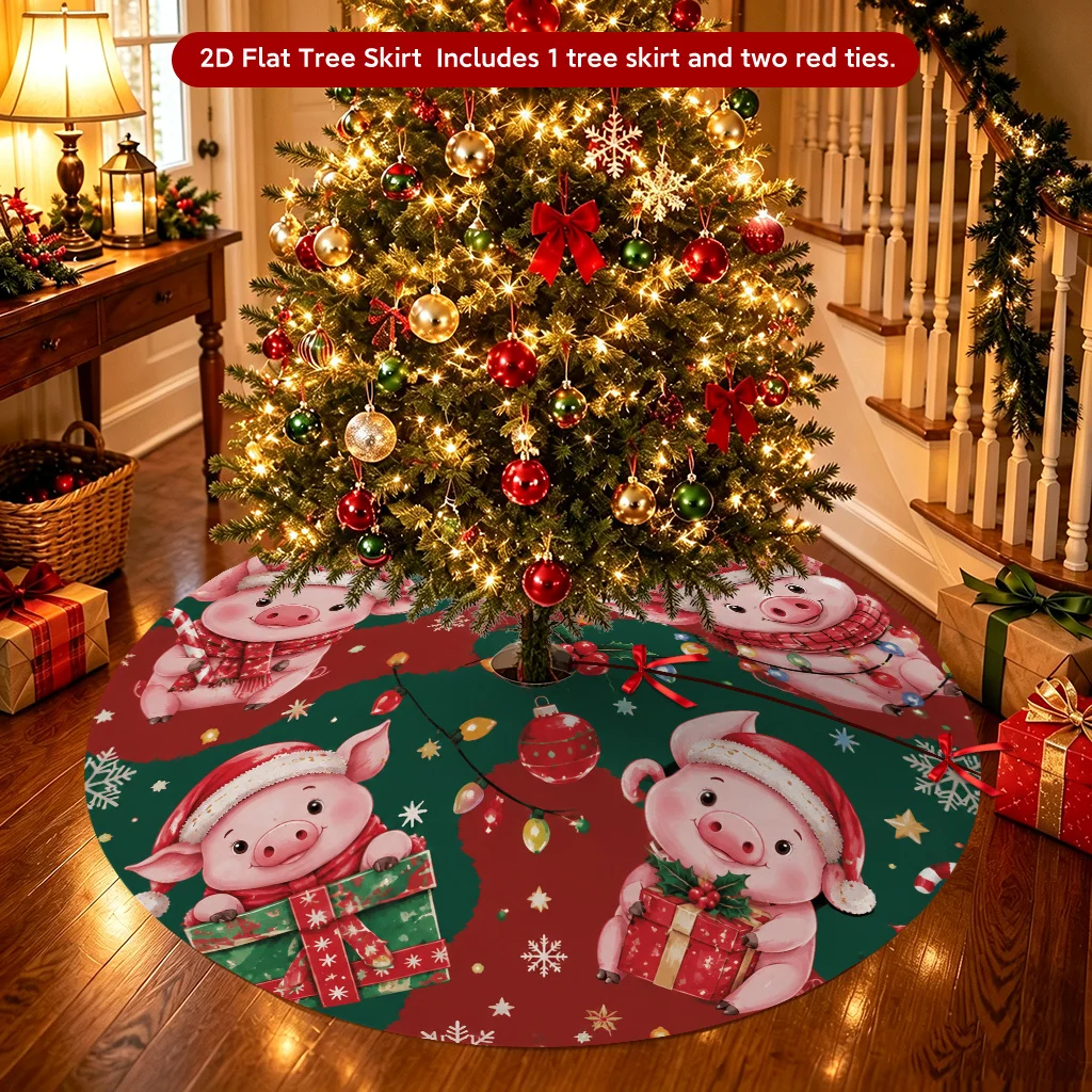 VIKAMA Christmas Tree Skirt Cute Xmas Pigs Santa Hat Scarf Gift Box Snowflake Print Non‑Slip Round Xmas Tree Base Home Decor Mat