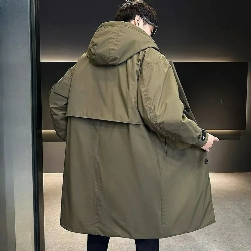A Mid-length Men's Trench Coat with Winter Thickened Hood Overcomes The New Fake Two-piece Korean-style Cool and Warm Coat 2026