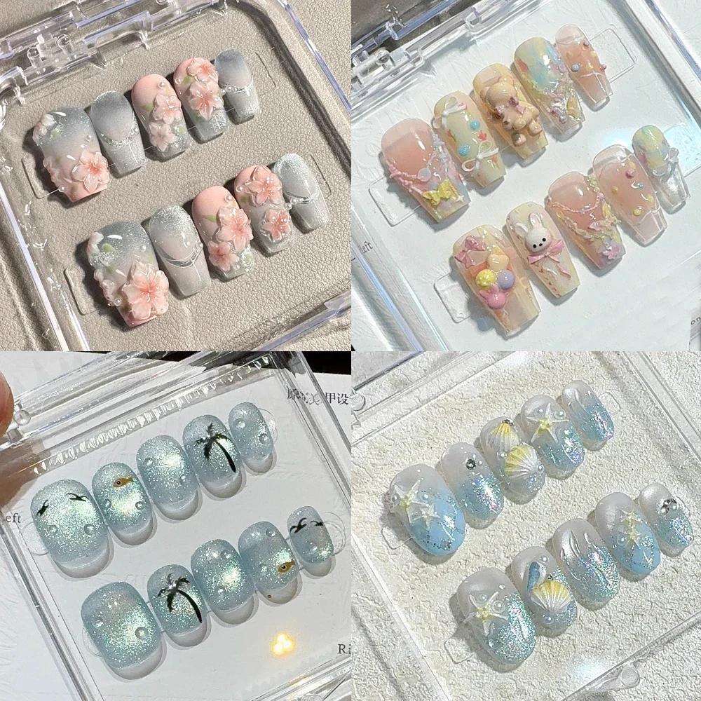 

10 Pcs Handmade Summer Press On Nails Sweet 3D Carved Flower Bowknot Cat Eyes Nail Art Marine Element Starfish Shell Travel Nail
