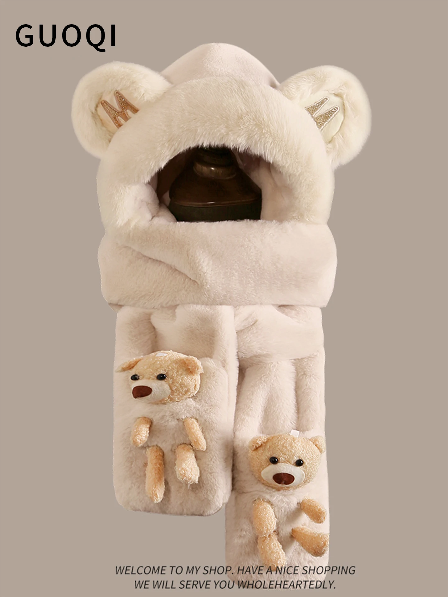 Women's Bear Scarf Hat One-Piece Autumn Winter Fleece Cycling Neck Warmer Windproof Ear Protection Three-Piece Set Cute Design