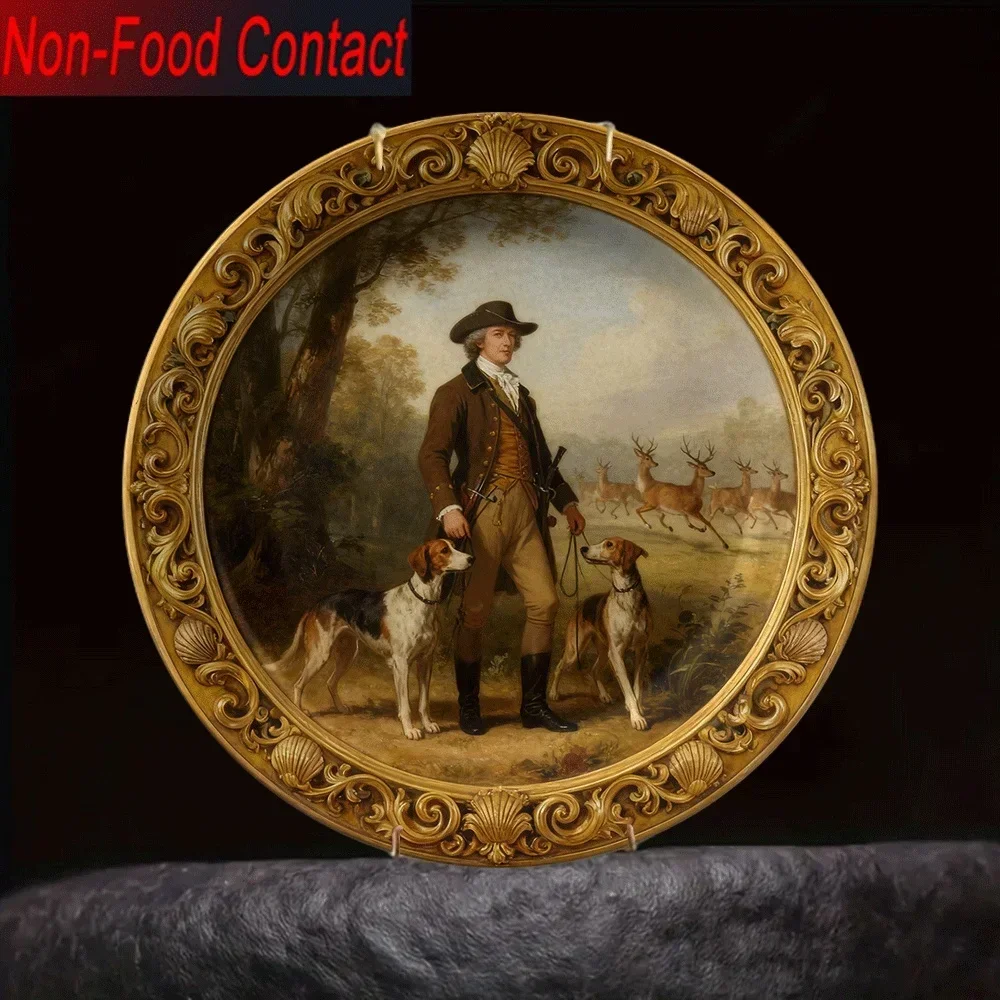 2D 1pc Ceramic Decorative Plate, Vintage Noble Hunting Pattern, Non-Consumable Pure Decoration, Home Tabletop Art Ornament for