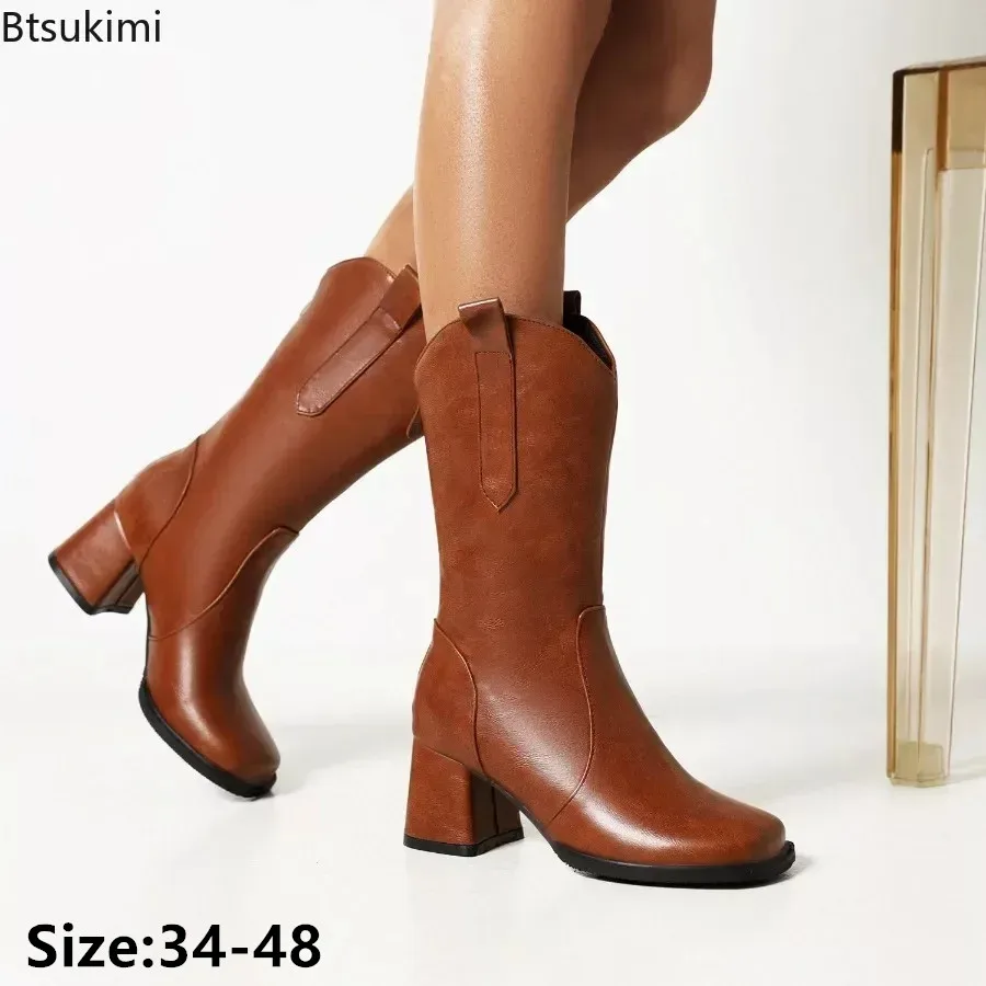 

New 2024 Women's Cowboy Boots PU Leather Mid-calf Modern Boots Females Back Zipper Martin Boots Fashion Lady Shoes Bota Feminina