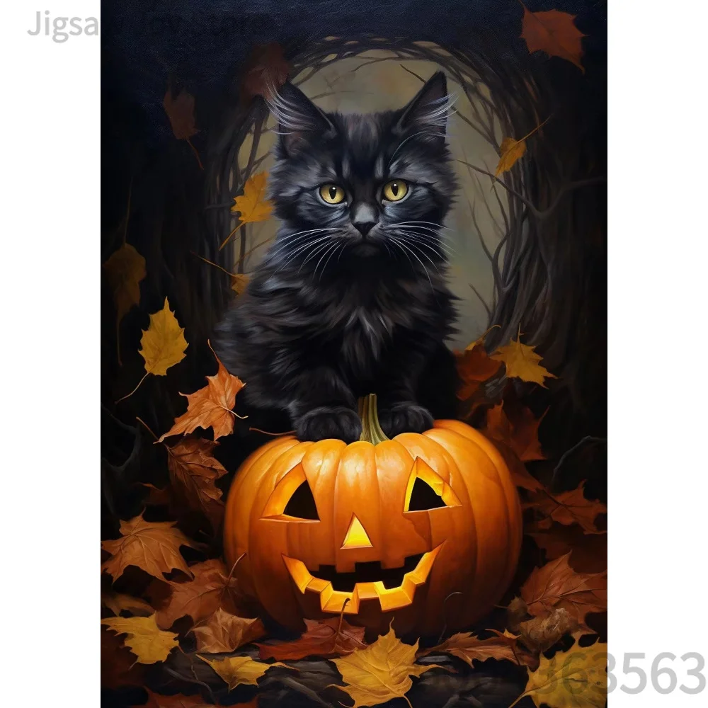Halloween Themed Cat Jigsaw Puzzle 500/1000/1200/2000pcs,Spooky Pumpkin Black Cat,Ghost Cat,Witch Kitten Art Puzzle Gift