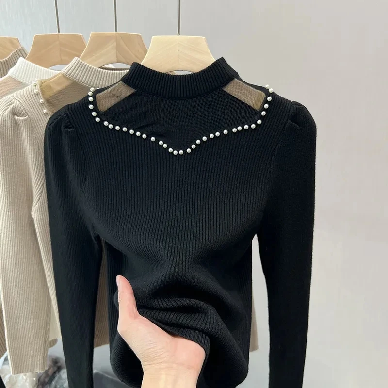 Autumn Winter Women Beading Sweater Fashion Elegant Mesh Knitted Jumper Female Solid Color All-match Half Turtleneck Pullover