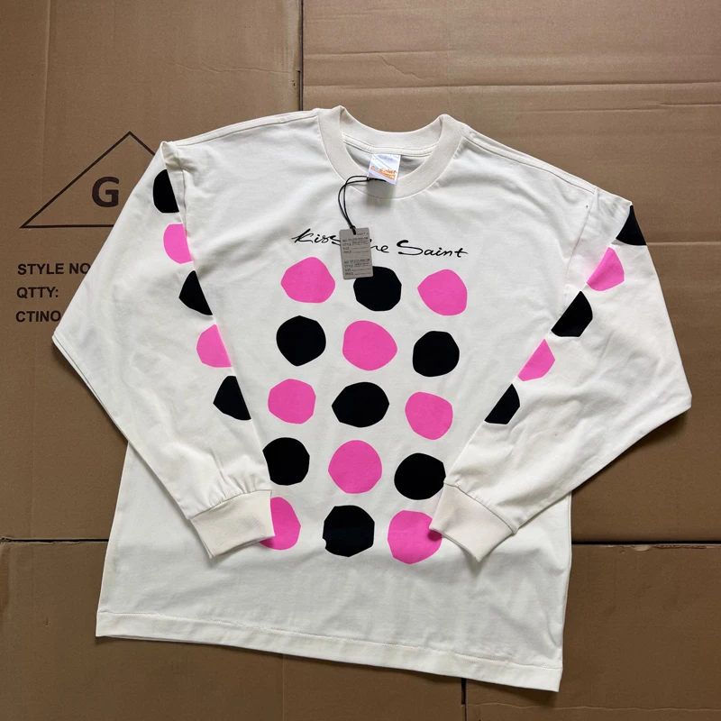 Oversized Contrast Dots SAINT Long Sleeve T-Shirts Round Neck Cotton Casual Men Women Tees