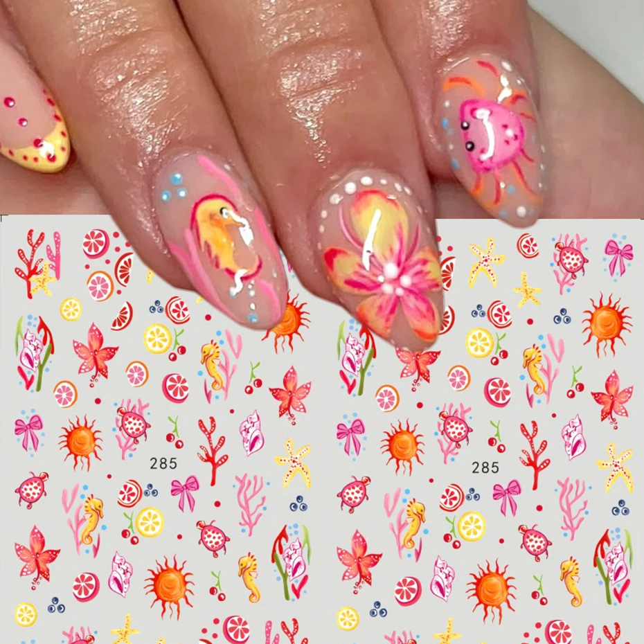 Dopamine Macaron-Themed Nail Stickers - Colorful Lemon, Seaweed,Sea Snails And Flower Design Nail Decals Nail Decoration DIY
